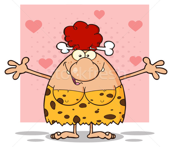 Smiling Red Hair Cave Woman Cartoon Mascot Character With Open Arms Stock photo © hittoon