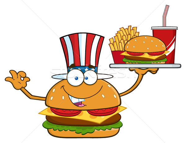 American Burger Cartoon Mascot Character Holding A Platter With Burger, French Fries And A Soda Stock photo © hittoon