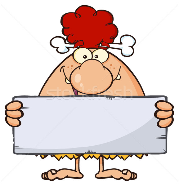 Goofy Red Hair Cave Woman Cartoon Mascot Character Holding A Stone Blank Sign Stock photo © hittoon
