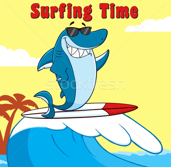 Smiling Blue Shark Cartoon Mascot Character With Sunglasses Surfing And Waving Stock photo © hittoon