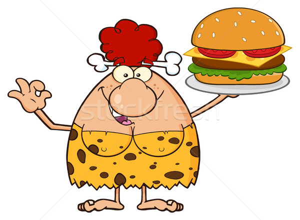Cave Red Hair Woman Cartoon Mascot Character Holding A Big Burger And Gesturing Ok Stock photo © hittoon
