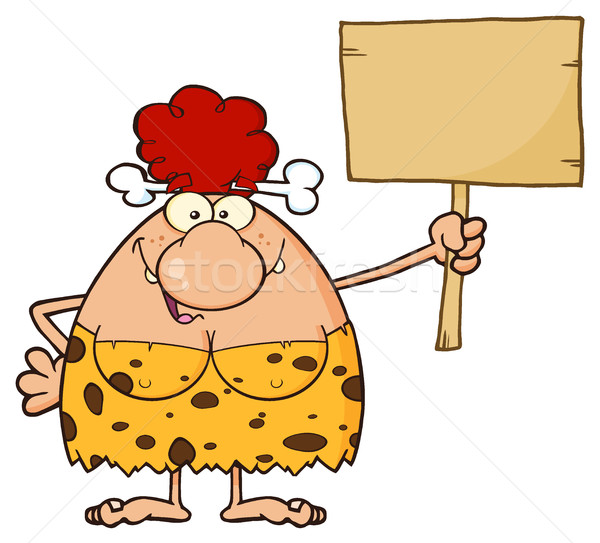 Goofy Red Hair Cave Woman Cartoon Mascot Character Holding A Wooden Board Stock photo © hittoon