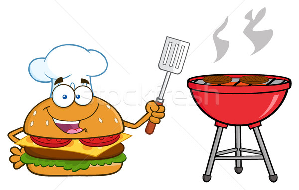 Stock foto: Küchenchef · burger · Cartoon-Maskottchen · Zeichen · halten · Spachtel