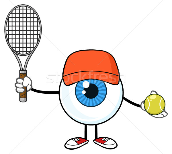Blue Eyeball Guy Cartoon Mascot Character Holding A Tennis Ball And Racket Stock photo © hittoon