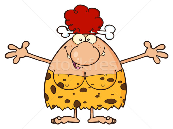 Smiling Red Hair Cave Woman Cartoon Mascot Character With Open Arms For A Hug Stock photo © hittoon