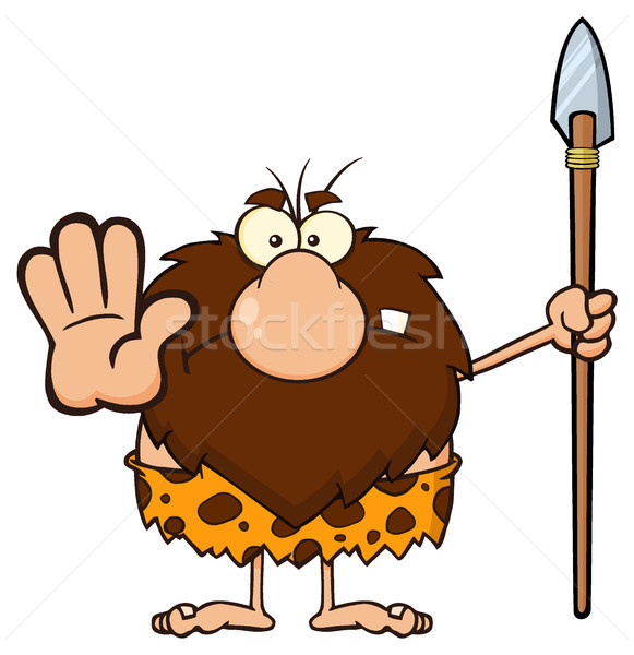 Angry Male Caveman Warrior Cartoon Mascot Character Gesturing And Standing With A Spear Stock photo © hittoon