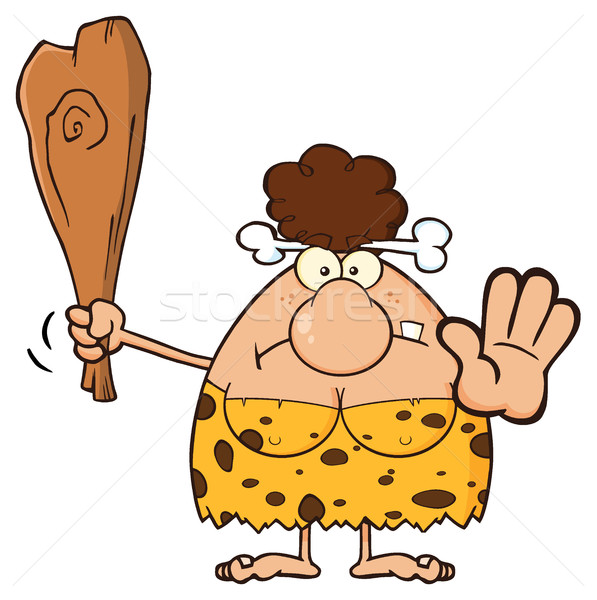 Stock photo: Angry Brunette Cave Woman Cartoon Mascot Character Gesturing And Standing With A Club