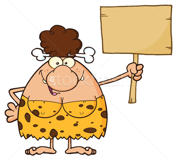 Goofy Brunette Cave Woman Cartoon Mascot Character Holding A Wooden Board Stock photo © hittoon