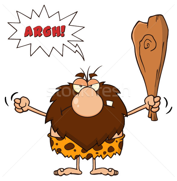 Angry Male Caveman Cartoon Mascot Character Holding Up A Fist And A Club Stock photo © hittoon