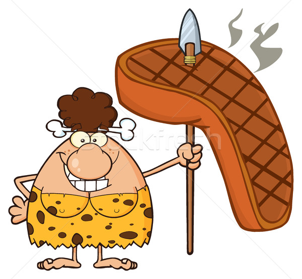 Smiling Brunette Cave Woman Cartoon Mascot Character Holding A Spear With Big Grilled Steak Stock photo © hittoon
