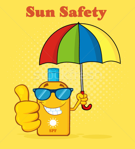 Smiling Bottle Sunscreen Cartoon Mascot Character With Sunglasses And Umbrella Giving A Thumbs Up Stock photo © hittoon