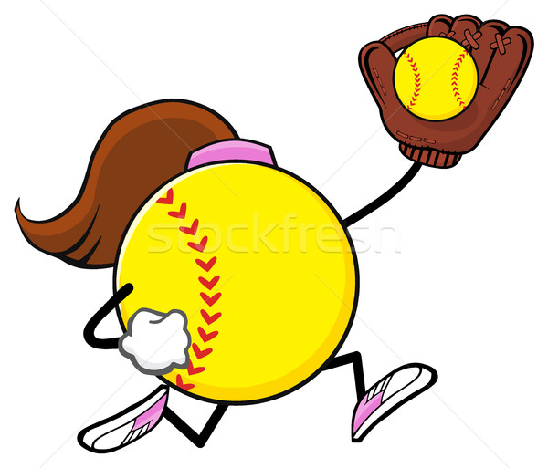 Softball Faceless Girl Player Cartoon Mascot Character Running With Glove And Ball Stock photo © hittoon