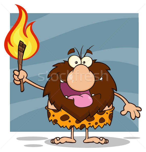 Smiling Male Caveman Cartoon Mascot Character Holding Up A Fiery Torch Stock photo © hittoon