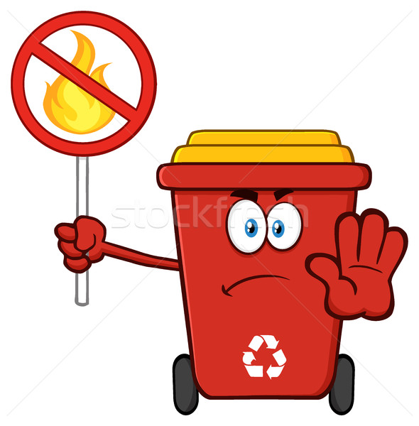 Angry Red Recycle Bin Cartoon Mascot Character Gesturing Stop And Holding A Fire Restricted Sign Stock photo © hittoon