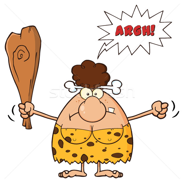 Angry Brunette Cave Woman Cartoon Mascot Character Holding Up A Fist And A Club Stock photo © hittoon