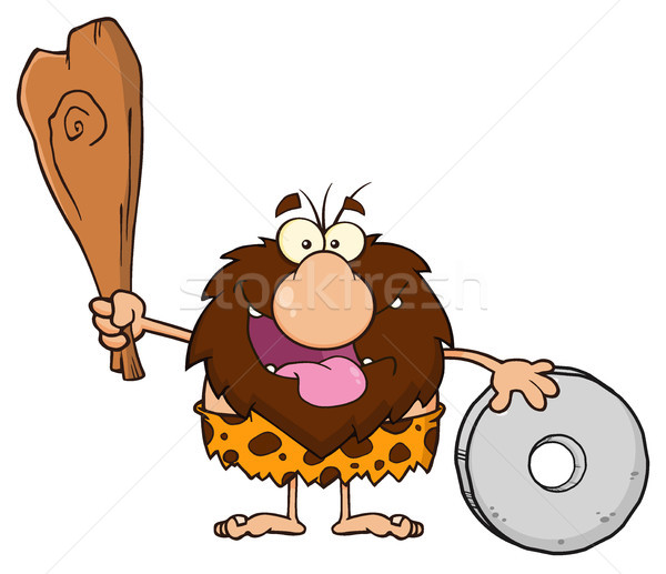 Happy Male Caveman Cartoon Mascot Character Holding A Club And Showing Wheel Stock photo © hittoon