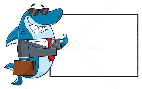 Smiling Business Shark Cartoon Mascot Character In Suit, Carrying A Briefcase And Holding A Thumb Up Stock photo © hittoon