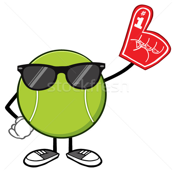 Tennis Ball Faceless Cartoon Mascot Character With Sunglasses Wearing A Foam Finger Stock photo © hittoon