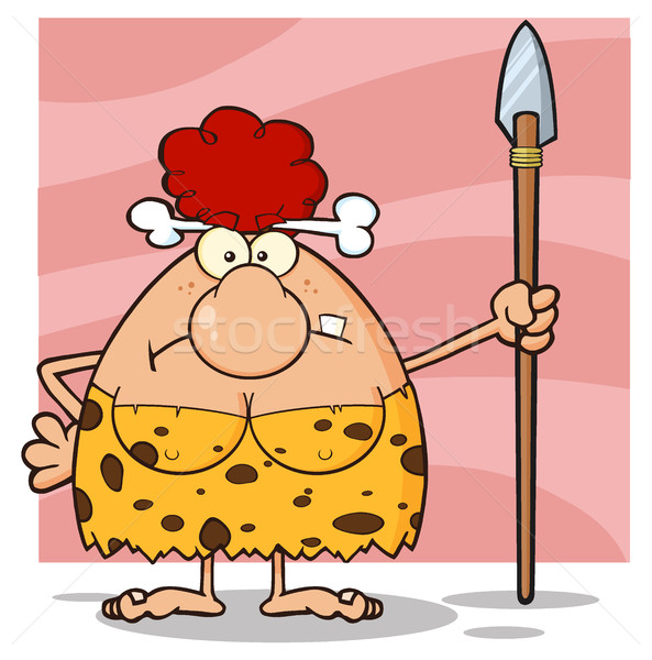 Grumpy Red Hair Cave Woman Cartoon Mascot Character Standing With A Spear Stock photo © hittoon