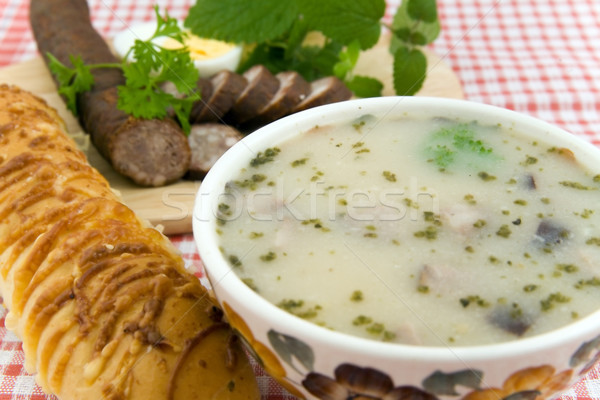 Délicieux aigre soupe oeuf saucisse pain Photo stock © Hochwander