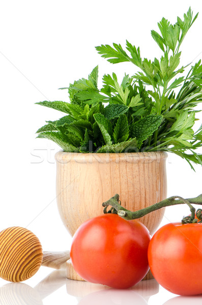 Paradicsomok zöld gyógynövény szőlő fa étel Stock fotó © homydesign