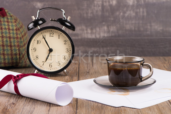 Old clock, hat, coffee and paper sheets Stock photo © homydesign