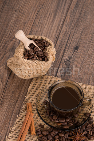 Xícara de café pano de saco saco feijões rústico Foto stock © homydesign