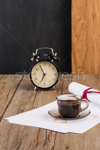 Old clock, hat, coffee and paper sheets Stock photo © homydesign