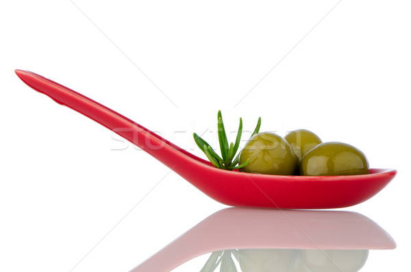 [[stock_photo]]: Olives · céramique · cuillère · basilic · huile · d'olive · alimentaire