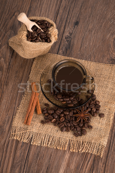 Kaffeetasse Sackleinen Sack Bohnen rustikal Stock foto © homydesign