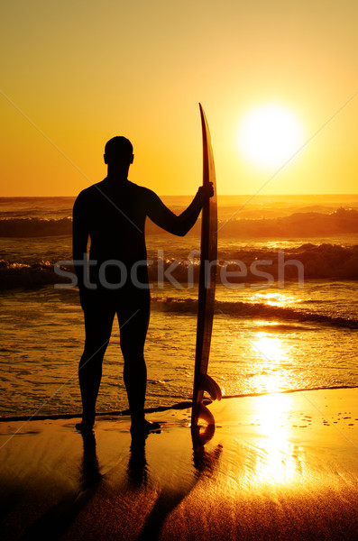 Foto stock: Surfista · viendo · olas · puesta · de · sol · Portugal · verano