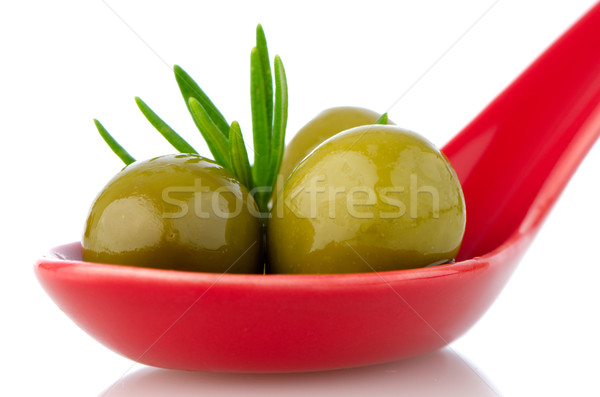 Olajbogyók kerámia kanál bazsalikom olívaolaj étel Stock fotó © homydesign