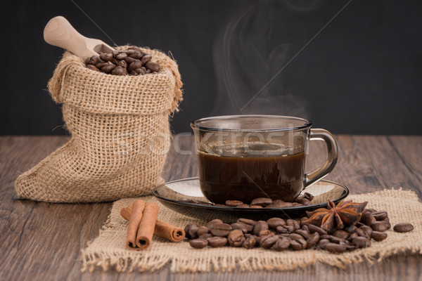 Stockfoto: Koffiekopje · jute · zak · bonen · rustiek