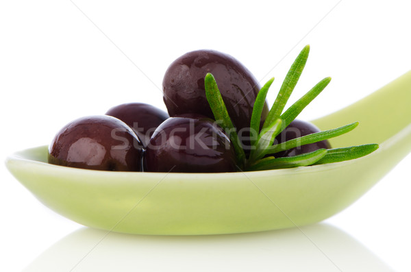 Aceitunas cerámica cuchara albahaca aceite de oliva alimentos Foto stock © homydesign