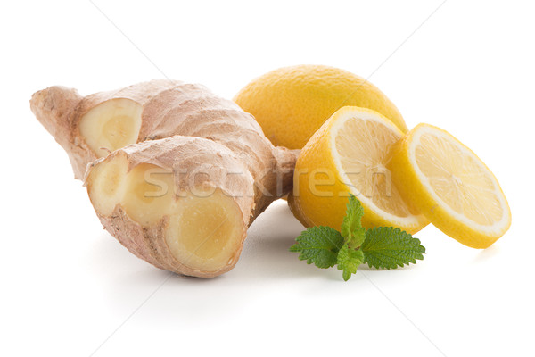 Ingwer Wurzel Zitronenscheibe isoliert weiß Essen Stock foto © homydesign