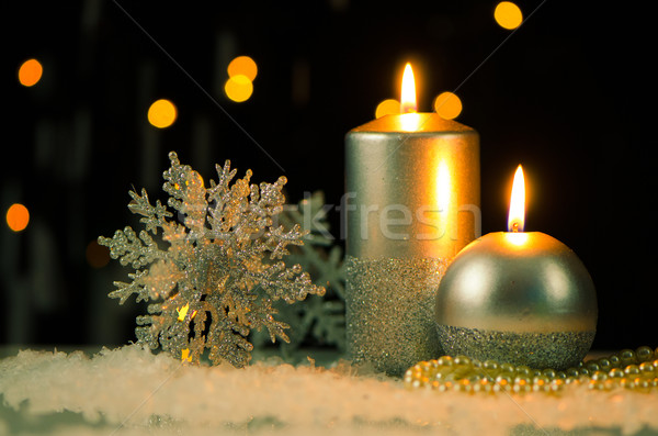 Stockfoto: Christmas · kaarsen · zilver · decoratie · sneeuw · donkere