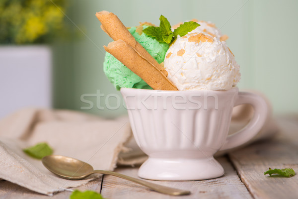 Vanilla and mint ice cream in cup Stock photo © homydesign