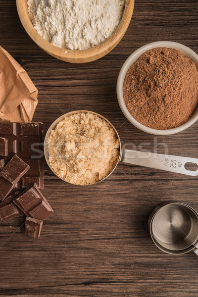 Muffinok sütés hozzávalók fa asztal fény csokoládé Stock fotó © homydesign