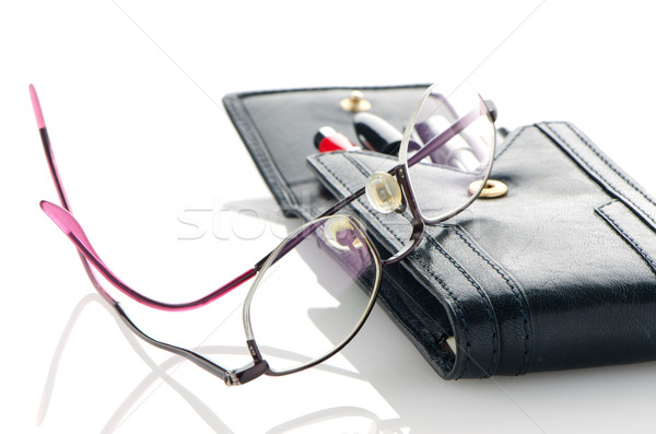 Leather pencil case and glasses Stock photo © homydesign