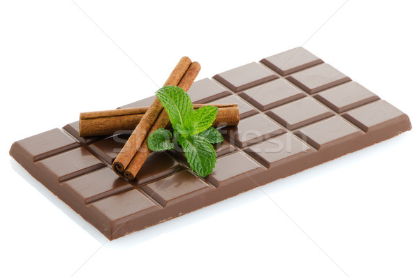 Csokoládé szelet menta levelek fahéj izolált fehér Stock fotó © homydesign