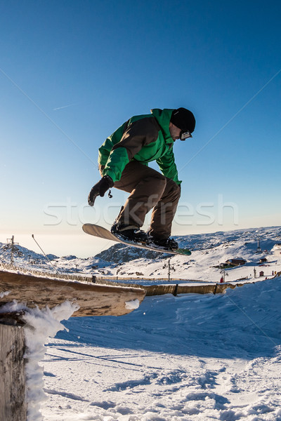 スノーボーダー ジャンプ 青空 木材 レール スポーツ ストックフォト © homydesign