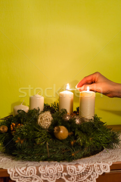 Stock photo: Advent wreath with burning candle