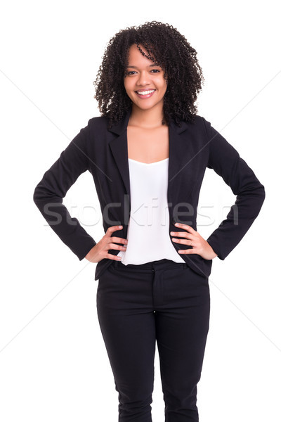 [[stock_photo]]: Africaine · femme · d'affaires · belle · posant · isolé · blanche