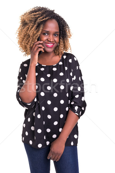 Foto d'archivio: Ciao · giovani · bella · african · telefono · donna · isolato