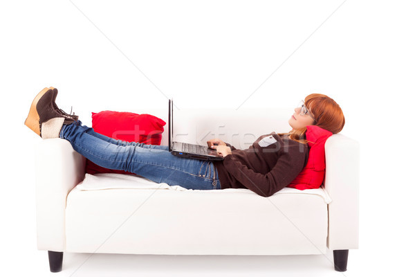 Mujer estudiar jóvenes feliz sofá nina Foto stock © hsfelix