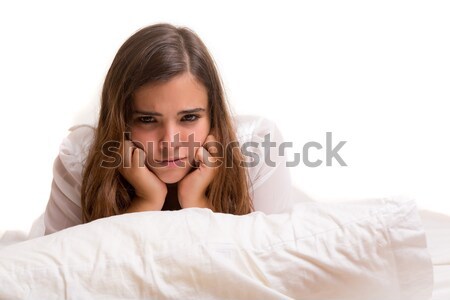 Deprimat femeie pat izolat alb fată Imagine de stoc © hsfelix