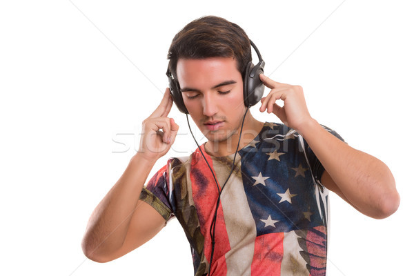 Hombre escuchar música feliz joven auriculares moda Foto stock © hsfelix