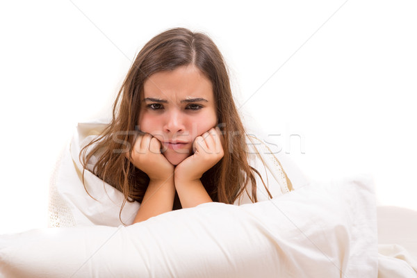 Stock foto: Depressiv · Frau · Bett · isoliert · weiß · Mädchen