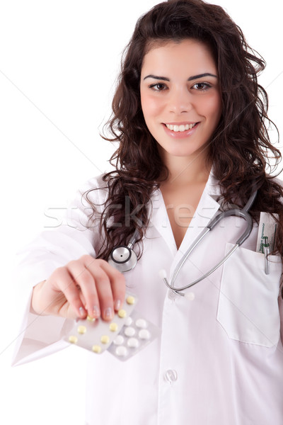 Stock foto: Sanitäter · jungen · halten · Frau · Arzt · glücklich