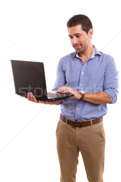 Stock fotó: Férfi · dolgozik · fiatal · jóképű · férfi · laptop · számítógép · üzlet